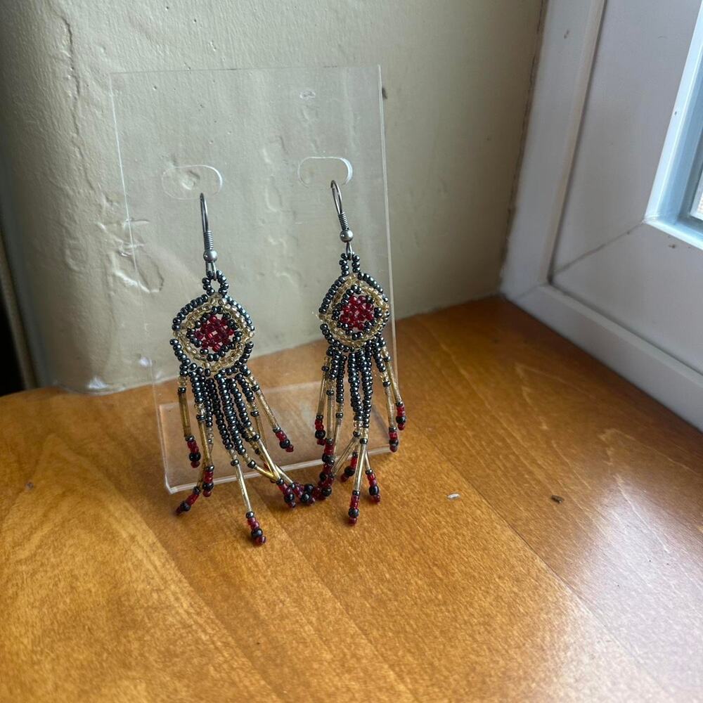 Beaded Dangle Earrings Red Gold Black